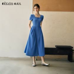 OLRAIN 夏季新款女装蓝色通勤连衣裙方领设计收腰显瘦长裙子 克莱因蓝 XL