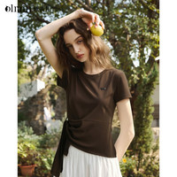 OLRAIN 夏季女装小众设计感腰侧绑带心形纽扣圆领短袖针织T恤上衣 咖色 S