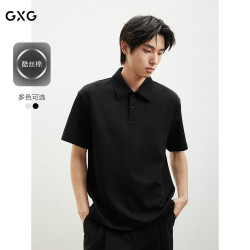 GXG 男装 微廓休闲肌理感提花通勤翻领polo衫男短袖夏季 黑色 XL