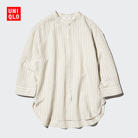 优衣库 483874 麻混纺条纹立领七分袖衬衫 深米色 M
