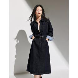 茵曼 复古收腰加绒牛仔连衣裙春秋款女装长袖衬衫裙