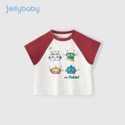 jellybaby 男童圆领T恤宽松上衣帅气儿童夏季宝宝夏装薄款撞色衣服男孩短袖
