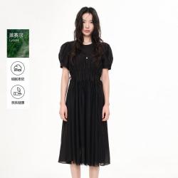 三彩 ibudu2026夏季优雅圆领A字裙短袖连衣裙女