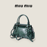 MIU MIU 缪缪女士侧边蝴蝶结亮面牛皮革中号单肩手提包 灰绿色