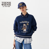 TEENIE WEENIE 小熊女装卫衣冬款格纹图案拼接刺绣时髦圆领内搭上衣 深蓝色