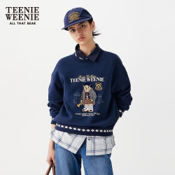 TEENIE WEENIE 小熊女装卫衣冬款格纹图案拼接刺绣时髦圆领内搭上衣 深蓝色