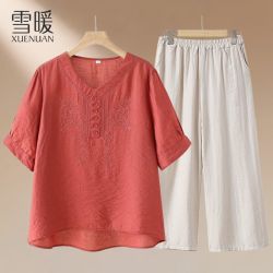 雪暖 套装女2026新款夏季T恤刺绣套装裤子女中年妈妈装大码休闲