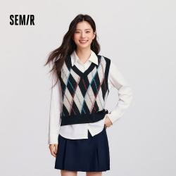 森马 菱形格V领短背心两件套 蓝红色调 M 女士衬衫