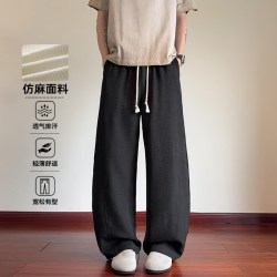 月伊纺 夏季新款大码直筒裤男宽松百搭仿麻拼接大码拖地弯刀裤青年休闲裤