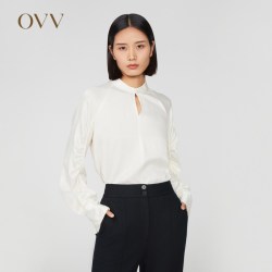 OVV 秋冬新款女装21MM桑蚕丝莫代尔肌理感分割抽褶立领上衣