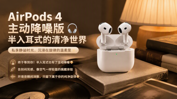 降噪耳机:Apple AirPods 4 主动降噪款 半入耳式真无线蓝牙耳机 白色 无线充电 Type-C