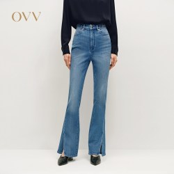 OVV 秋冬热卖女装土耳其进口面料开衩微喇休闲牛仔裤