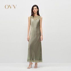 OVV 春夏新款女装圆领雪纺纱拼接吊带缎面醋酸连衣裙