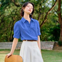 茵曼 纯棉欧若风通勤短袖衬衫女2026夏季绣花简约百搭宽松衬衣