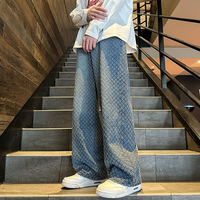 东方骆驼 牛仔裤男提花满印春季休闲牛仔裤美式裤子男士潮牌痞帅直筒阔腿裤