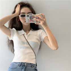 伟强 冰丝T恤女短款衬衣领Polo衫紧身短袖套头打底衫纯色百搭修身显瘦