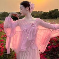 2026夏季超火多巴胺灯笼袖舞蹈服韩系度假在逃公主小香风粉色上衣