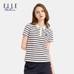 ELLE Active夏季翻领休闲舒适运动短袖棉质时尚条纹POLO衫上衣
