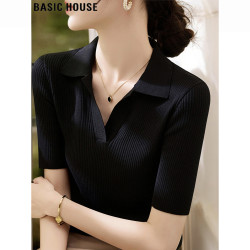 百家好 BasicHouse/百家好黑色POLO衫女款短袖T恤女高级感大方得体女装