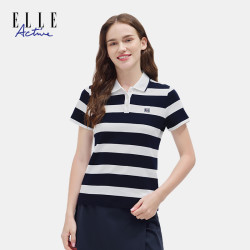 ELLE Active海军风纯棉条纹polo衫女款短袖翻领休闲运动夏季上衣