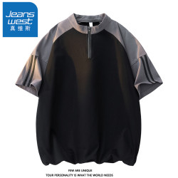 真维斯 新款宽松条纹袖口短袖T恤高级感男士夏季半拉链拼色上衣服