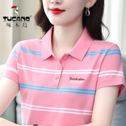 啄木鸟 正品短袖t恤女2026年夏装新款宽松大码条纹上衣翻领polo衫