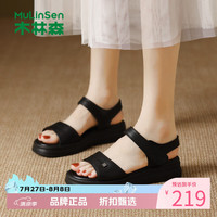 木林森 女鞋牛皮革凉鞋 夏季一字带凉鞋通勤百搭优雅女士魔术贴凉鞋子