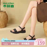 木林森 女鞋镂空雕花牛皮革凉鞋 夏季一字带凉鞋通勤休闲百搭女士凉鞋子