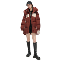 雪中飞 女士中长款羽绒服冬新款撞色连帽宽松面包服加厚保暖百搭羽绒外套 酒红色 M (160)