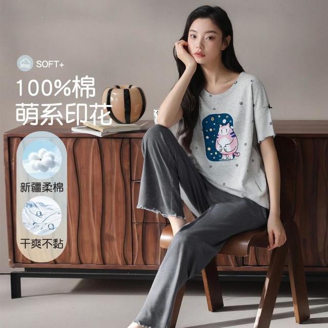 猫人 100%棉 休闲睡衣女短袖七分裤家居服套装