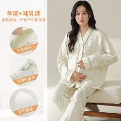 ROVO 月子服产妇夏季薄款产妇孕妇睡衣套装产后哺乳家居服带胸垫 米色印花 XXL