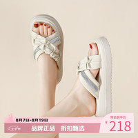红蜻蜓 女士褶皱钻条厚底凉拖鞋 夏季轻便外穿平底交叉拖鞋休闲半拖凉鞋