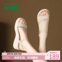 木林森 女鞋坡跟水钻罗马凉鞋 夏季一字扣带凉鞋通勤休闲百搭女士凉鞋子
