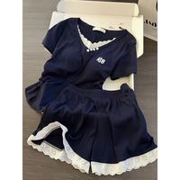 另尘莫代尔棉绸睡衣女款夏季短袖2026新款高级感蕾丝夏天家居服可外穿 1999-3 藏蓝色 M
