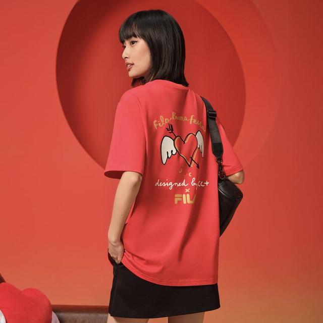 FILA 情侣款运动T恤男女同款舒适圆领休闲针织短袖衫