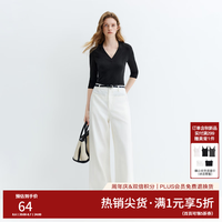 范思蓝恩 V领收腰修身显瘦T恤打底衫女中袖2026秋季新款上衣3133 黑色