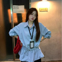 早秋通勤百搭Polo领条纹收腰衬衫女显瘦上衣