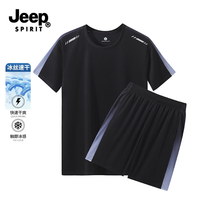 JEEP SPIRIT 短袖T恤短裤两件套 黑白色 L 男士套装