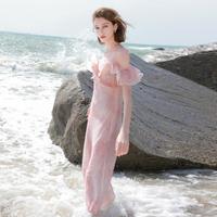 三彩 女士碎花吊带连衣裙 2026春夏度假荷叶边A字长裙