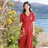 三彩 微胖系列 女士法式连衣裙 V领短袖大码裙子