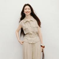 红袖 2026夏季女装工装风系带单排扣盖肩袖翻领短衬衫