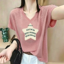 对兰 莱赛尔棉短袖T恤女装夏季新款印花胖MM宽松显瘦百搭休闲体恤上衣 粉红色 XL