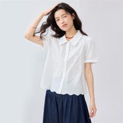 佐丹奴 夏季女式衬衫纯棉暗绣花压褶波浪边梭织短袖衬衫女士