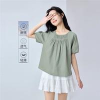 佐丹奴 夏季女式衬衫天然棉麻打揽圆领插肩梭织宽松短袖衬衫女士