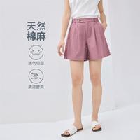 佐丹奴 夏季天然棉麻休闲裤女压褶半松紧腰梭织休闲短裤舒适宽松女款