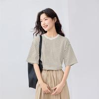 佐丹奴 夏季女式T恤纯棉条纹T恤女宽松落肩圆领针织休闲短袖T恤女士