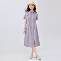 佐丹奴 连衣裙夏季纯棉府绸压褶收腰衬衫裙翻领中长款梭织连衣裙女士