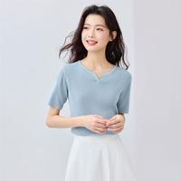 佐丹奴 夏季纯棉小V领修身显瘦毛织上衣女套头短袖针织衫百搭女款