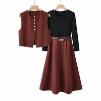 蕾朵 复古马甲连衣裙秋季无袖短款坎肩长袖打底收腰A字长裙