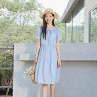 森马 夏季泡泡袖花边圆领肌理气质温柔系优雅法式蛋糕裙中长款连衣裙女